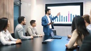 Reunión con clientes en sala de juntas