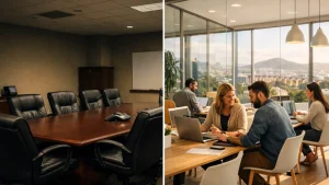 Sala moderna equipada para renta de sala de juntas por horas en Querétaro